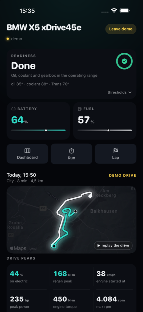 Tachwire Now screen: readiness, battery and fuel, and the last drive — a lap of the Nürburgring GP circuit on the map